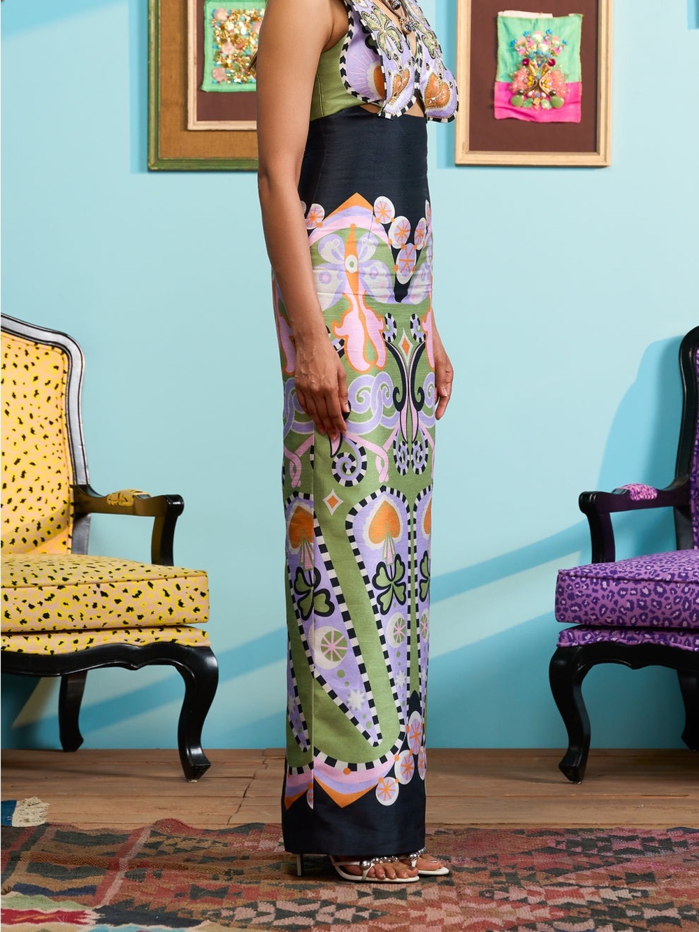Papa Don’t Preach Printed Maxi Skirt in Green & Lavender